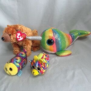 Ty Plush Bear, Rainbow Narwal, Teeny Beanie Babies Bundle